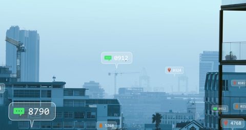 Digital city with social media icons and data points