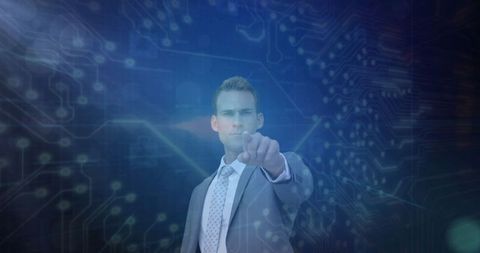 Businessman Interacting with Digital Interface and Circuit Background