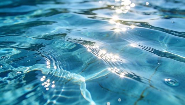 Glistening blue pool water with sunlit ripples, sparkling highlights and glassy texture