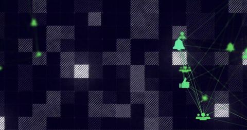 Neon social network grid with interconnected icons on dark background