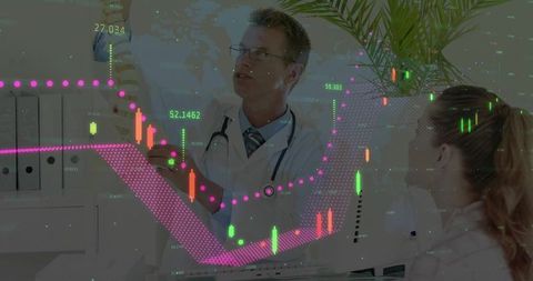 Doctors Analyzing Data with Overlaid Financial Chart Elements