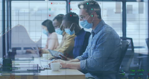 Diverse Professionals Analyzing Financial Data With Masks