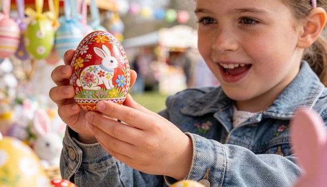 Smiling child holding hand-painted easter egg at colorful outdoor spring craft market stall
