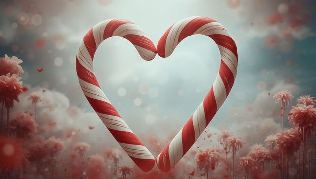 Whimsical candy cane heart soaring above fantastical dreamscape