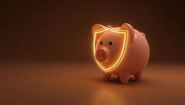 Piggy bank guarded by glowing neon shield representing savings and financial security