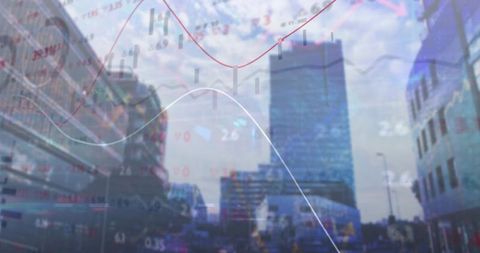 Urban skyscraper blending with financial charts and market data overlays