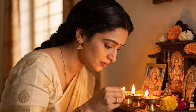 Indian woman lighting brass diyas at home altar during diwali prayer ritual, warm devotional glow