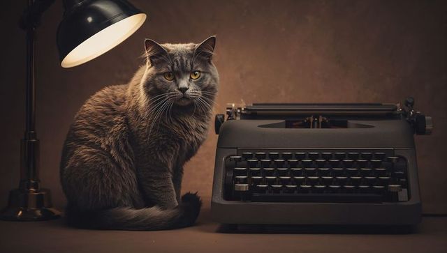 Moody grey long-haired cat sitting beside vintage black typewriter under desk lamp