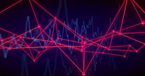 Neon red digital network visualization with blue waveform