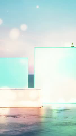 Glowing translucent platforms pulsing on water with tiny plant | Vertical ambient