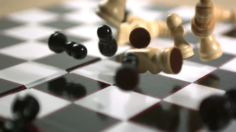 Dramatic Chess Pieces Collide on Board in Slow Motion