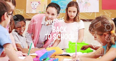 Teacher Guiding Students in Classroom with Welcome Back to School Message