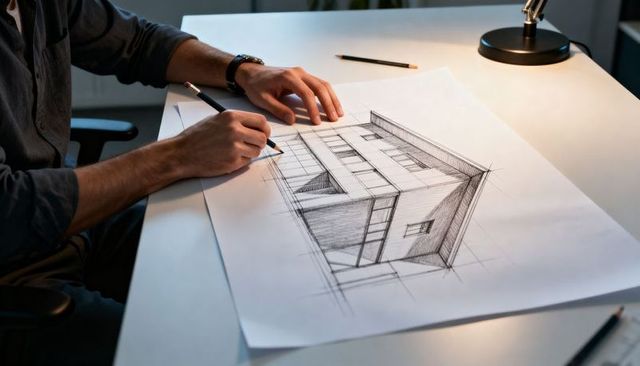 Architect sketching modern two-story house perspective drawing at desk under lamp