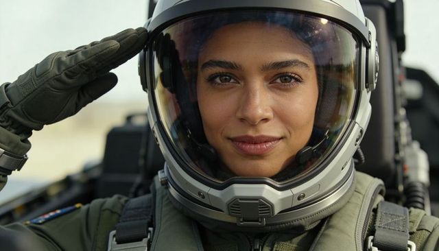 Confident female jet pilot saluting in modern full-face helmet and flight suit
