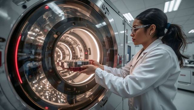 Female lab technician placing microplate into high-tech clinical analyzer with led ring
