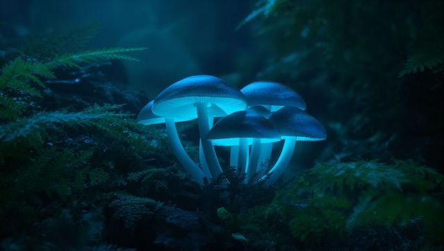 Bioluminescent mushrooms glowing in mystical forest