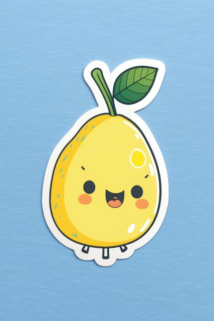 A cheerful yellow pear with a smiling face and a green leaf on blue background. Ideal for use in children's book illustrations, educational materials, and playful graphic design projects. Perfect for stickers, greeting cards, and kids' decor items due to its adorable and friendly appearance.