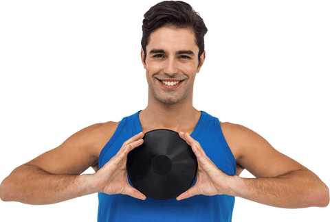Man in sportswear holding black discus with transparent background