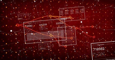 Crimson cyber network interface displaying glowing data nodes, numeric overlays, keyboard