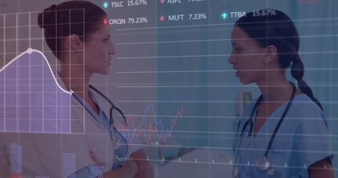 Healthcare Professionals Analyzing Data with Stock Market Graphics