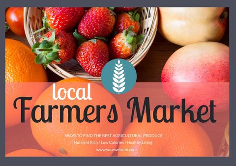 Farmers market promotion with fresh strawberries and oranges