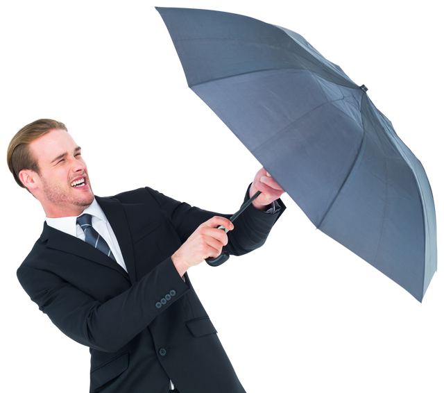 Businessman Holding Transparent Umbrella in Wind for Protection - Download Free Stock Videos Pikwizard.com