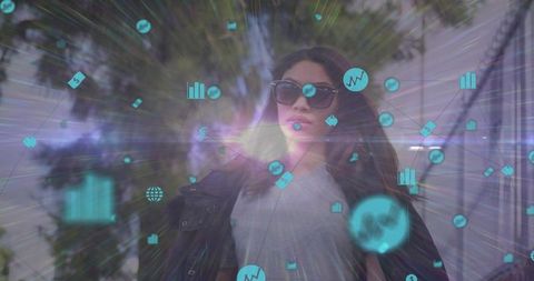 Urban woman walking with futuristic turquoise data network overlay, technology concept