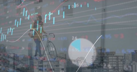 Woman in Urban Landscape with Financial Data Overlay