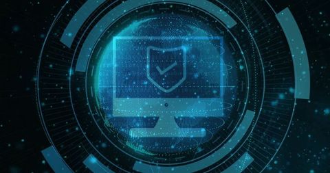 Holographic computer monitor displaying shield checkmark in futuristic cybersecurity hud