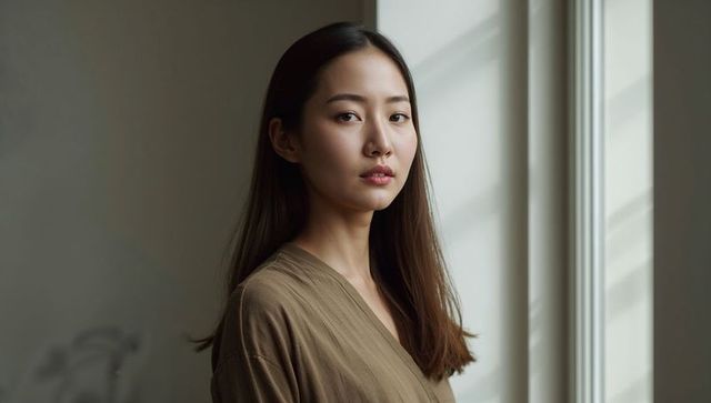Serene woman standing by window wearing taupe wrap top, soft slatted light portrait