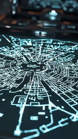 Futuristic Holographic City Map Unfolding on Control Console, Pulsing Radial Scanner Visualization