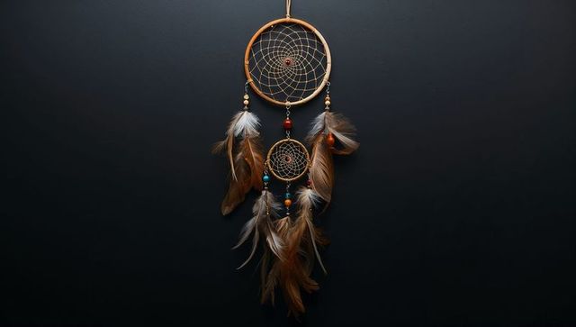 Decorative dreamcatcher with feathers and beads hanging on wall
