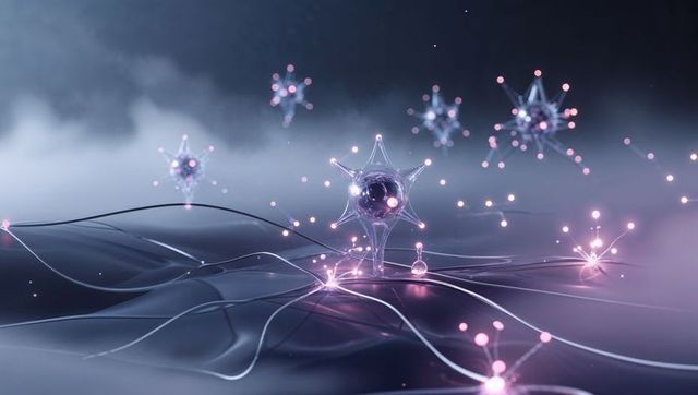 Futuristic digital nodes with connecting filaments in misty environment