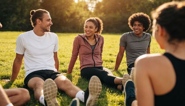 Sunlit friends chatting on grass after outdoor workout, young adults relaxing together