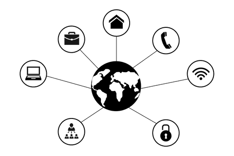 Transparent digital illustration of globe with communication icons
