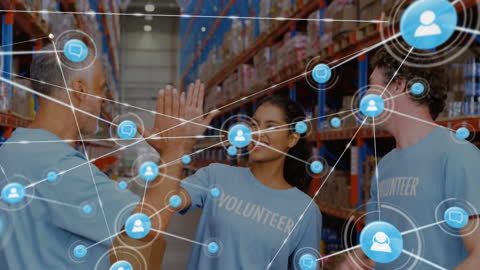Diverse Volunteers in Warehouse with Digital Network Animation