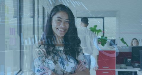 Confident Businesswoman in Modern Office with Data Overlay