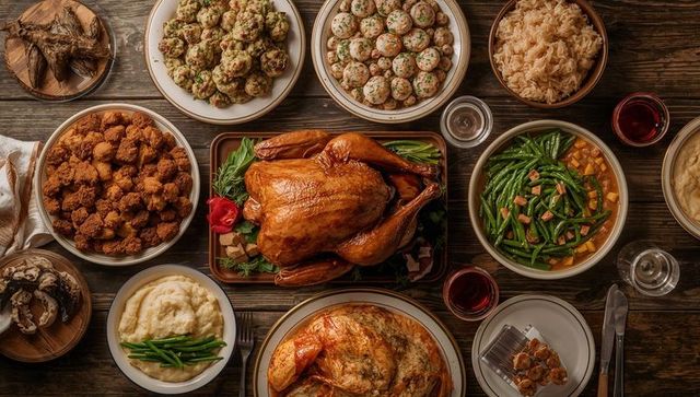 Rustic thanksgiving feast showcasing whole roasted turkey surrounded by classic sides