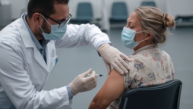Doctor administering vaccine to seated woman wearing mask in modern vaccination clinic