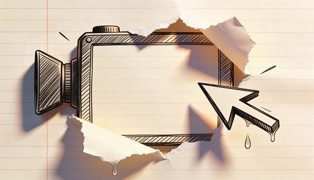 Torn notebook revealing hand-drawn camcorder monitor and cursor with ink drips