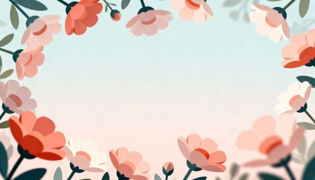 Framing pastel coral blossoms around pale gradient floral greeting card with negative space