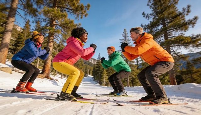 Four adults skiing together on sunlit groomed trail in colorful insulated winter jackets