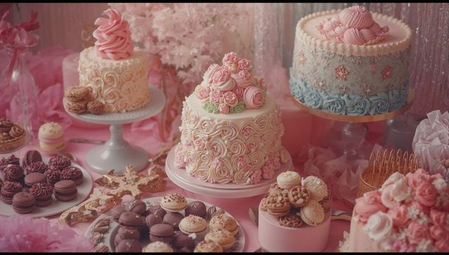 Elegant Pink Themed Dessert Table with Artistic Cakes and Pastries