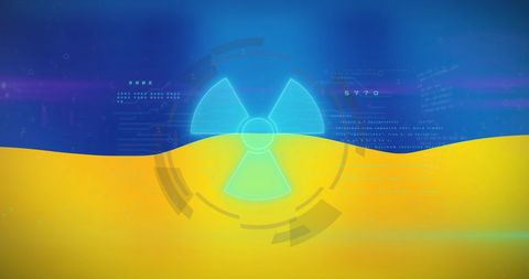 Nuclear Symbol Overlay with Digital Data Over Ukraine Flag
