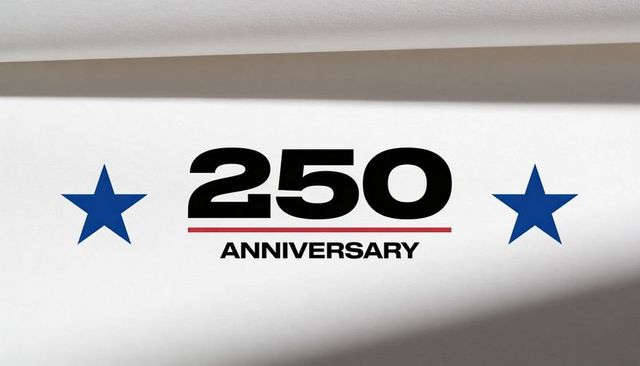 Minimalist 250th anniversary logo featuring bold numerals, red underline and blue stars