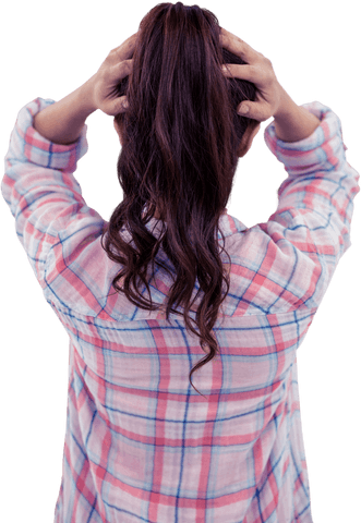 Woman holding hair in contemplative moment with notes transparent background