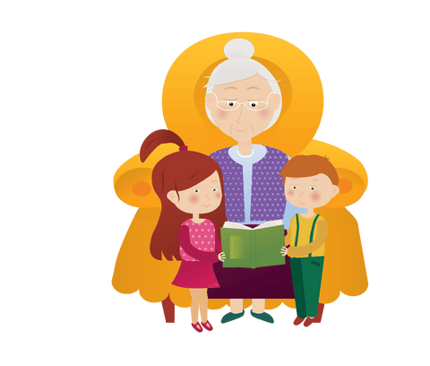 Grandmother with Grandchildren Reading Book on Transparent Background