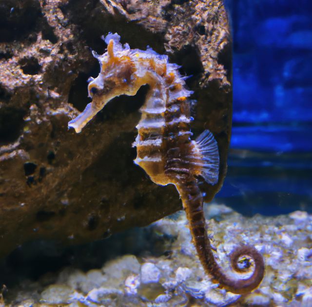 Seahorse clings to coral in vibrant underwater scene showcasing colorful marine life. Perfect for ocean conservation, marine biology, and nature-focused content. Highlights delicate beauty and importance of underwater ecosystems.