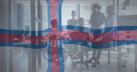 Multiracial team collaborating with faroese flag overlay