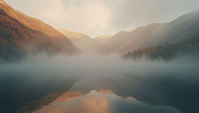 Misty Mountain Lake Reflects Serene Sunrise Over Pine Clad Peaks